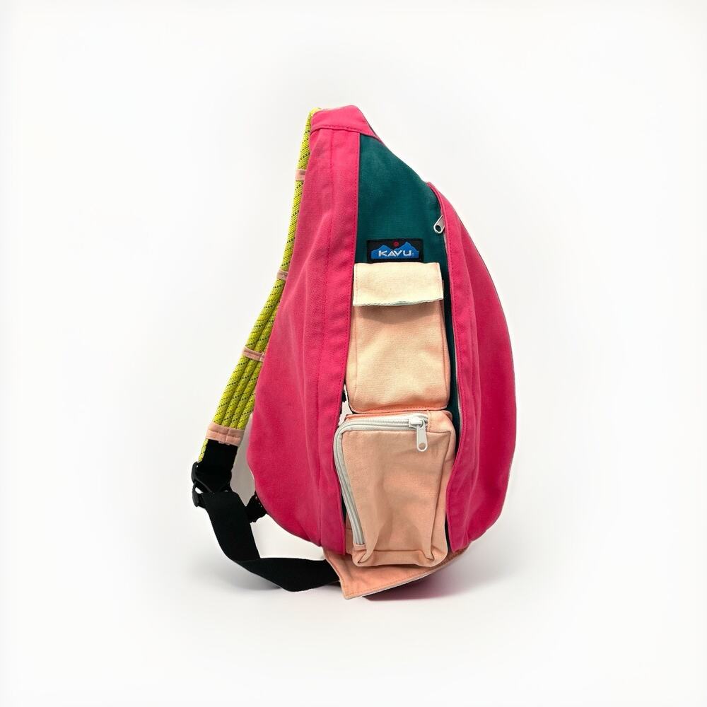 Kavu Sling Bag Pink Peach Green Yellow Rope Strap Multi Compartment Backpack